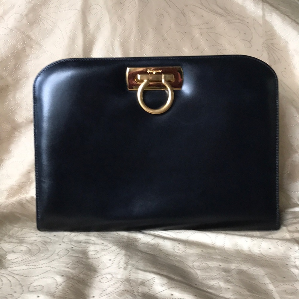 Vintage Salvatore Ferragamo black leather Gancini chain shoulder bag & dustbag